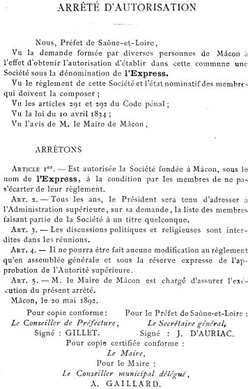 Arrêté d'autorisation de l'association colombophile L'Express en 1892
